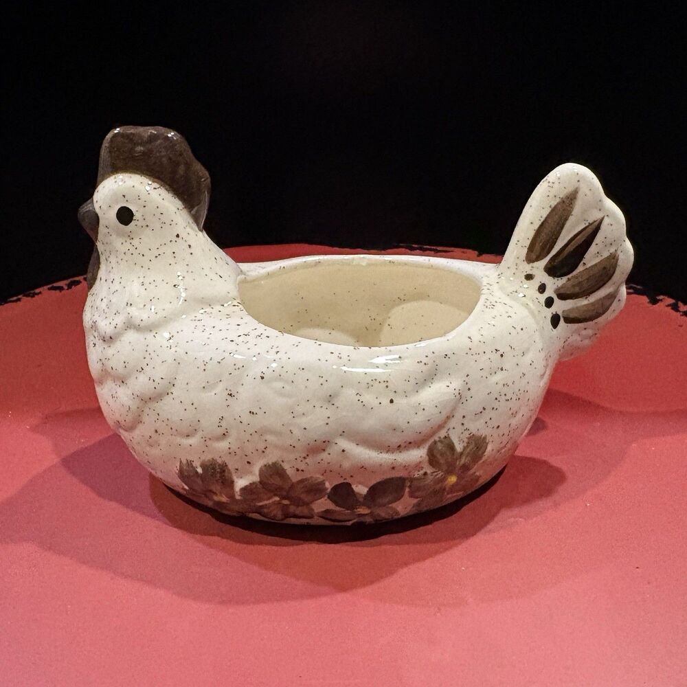 Vintage Ceramic Hen Chicken Planter Speckled Farmhouse Floral Cachepot 6”